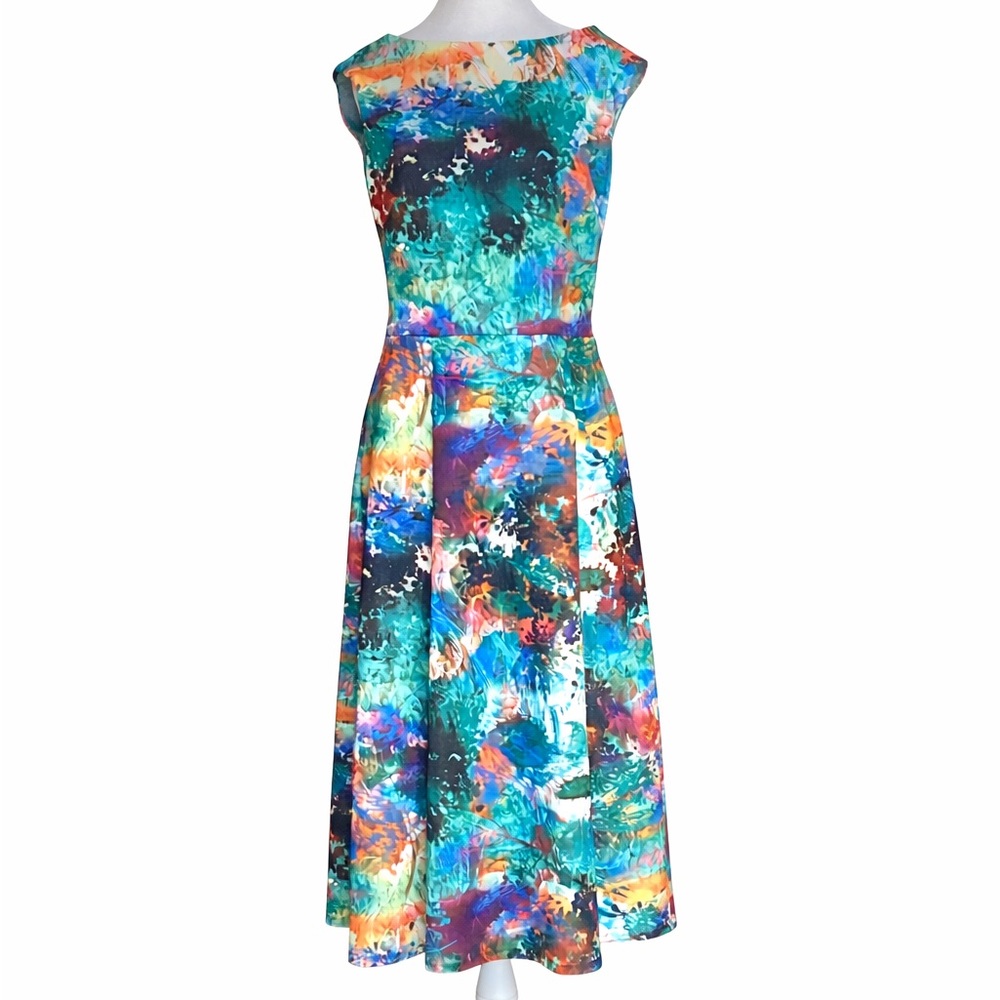 Betsey Johnson Watercolor Fit and Flare Midi Dress Women's 6 Multicolor Artsy